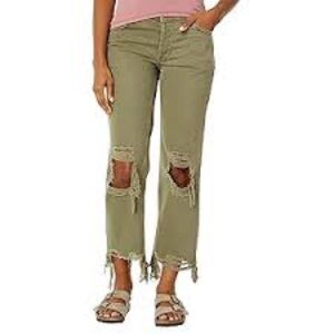 NEW! Free People We The Free Maggie Mid-Rise Distressed Straight Jeans Green 26